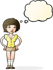 cartoon woman with hands on hips with thought bubble