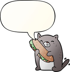 cartoon cat loving the amazing sandwich he's just made for lunch with speech bubble in smooth gradient style