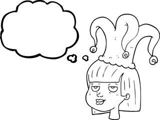 freehand drawn thought bubble cartoon female face with jester hat
