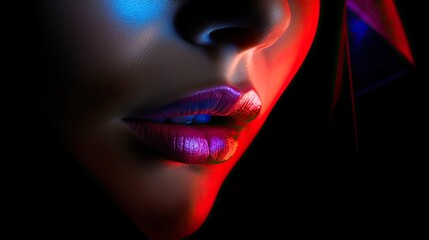 Close-up of lips of beautiful woman with red glossy lipstick. Concept of fashion bright makeup and natural beauty. Illustration for cover, interior design, advertising, marketing or presentation.