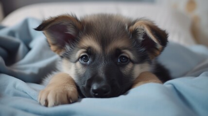 German shepherd dog lying on bed with laptop realistic picture