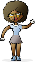 cartoon waving woman wearing spectacles
