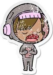 distressed sticker of a cartoon astronaut woman explaining