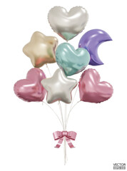 Realistic pastel Bunch of Heart, star, moon shaped balloons with pink ribbons. Bouquets of balloons Flying for Party, card, decor, Christmas, Celebrations. 3D Vector Illustration.