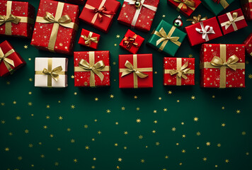 Top view of Christmas gifts on green background with golden confetti.