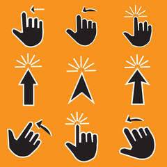  Pointer cursor icons. Computer web arrows mouse cursors and clicking line pointer cursor selecting. Pixel hand, pointer hand, arrow and hourglass logo vector isolated icons set