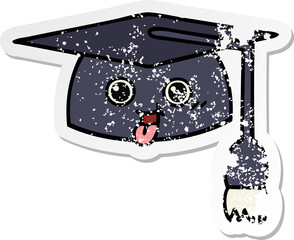 distressed sticker of a cute cartoon graduation hat