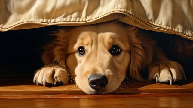 Golden retriever pet dog hiding under bed realistic picture