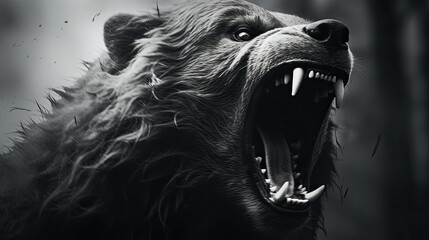 Close-up of an angry bear's face. A toothy grizzly in monochrome style. Animal in the habitat. Illustration for cover, card, postcard, interior design, banner, poster, brochure or presentation. - obrazy, fototapety, plakaty