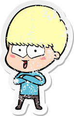 distressed sticker of a cartoon happy boy