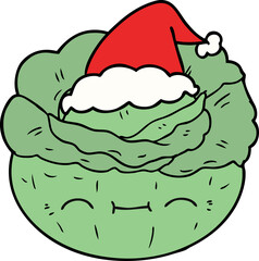 hand drawn line drawing of a cabbage wearing santa hat