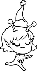 smiling alien girl hand drawn line drawing of a running wearing santa hat