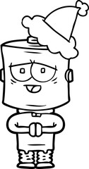 hand drawn line drawing of a robot wearing santa hat
