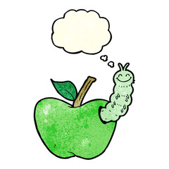 cartoon apple with bug with thought bubble