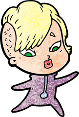cartoon surprised girl in science fiction clothes