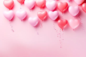 A cute minimalist background using various shades of pink, with randomly scattered heart-shaped balloons floating in the air