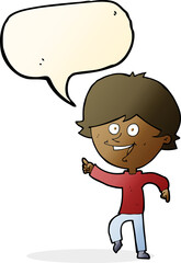 cartoon happy pointing man with speech bubble