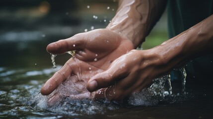 A person washing the hands in water, close up