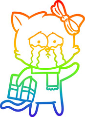 rainbow gradient line drawing of a cartoon cat