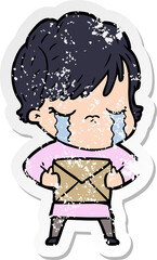 distressed sticker of a cartoon woman crying