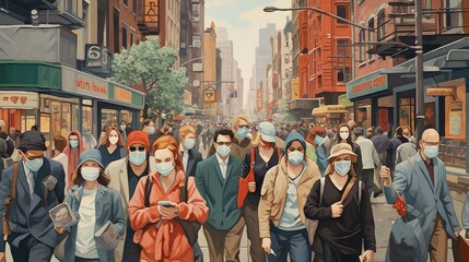 A crowded city street, people in various masks