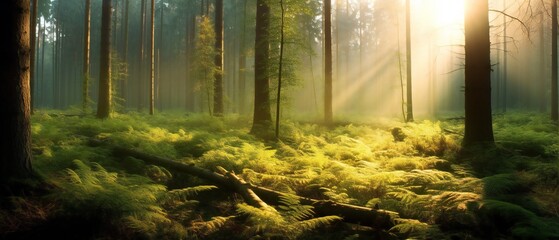 deciduous forest sun shines magically through beeches. beautiful magic forest in the sunny foggy - obrazy, fototapety, plakaty
