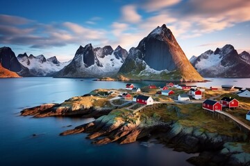 winter fishing village at sunset. View on the house in the Hamnoy village, Lofoten Islands - obrazy, fototapety, plakaty