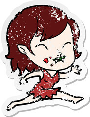 distressed sticker of a cartoon vampire girl with blood on cheek