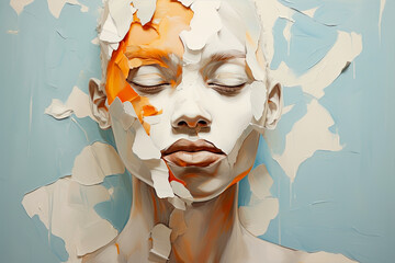 Illustration of the problem of dry skin or psoriasis on a girl's face - obrazy, fototapety, plakaty