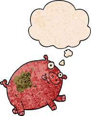cartoon pig with thought bubble in grunge texture style