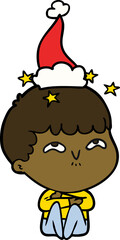 hand drawn line drawing of a amazed boy wearing santa hat