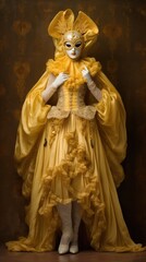 Fototapeta na wymiar A woman in a yellow carnival mask and a fancy dress