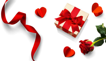 Valentine's Day design elements isolated on white background. Golden gift box with Red silk ribbon bow, Red Rose Flower and Pairs of Red Hearts, with natural transparent shadow on transparent backgrou