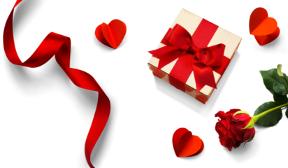Valentine's Day design elements isolated on white background. Golden gift box with Red silk ribbon bow, Red Rose Flower and Pairs of Red Hearts, with natural transparent shadow on transparent backgrou