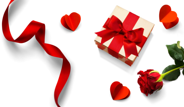 Valentine's Day design elements isolated on white background. Golden gift box with Red silk ribbon bow, Red Rose Flower and Pairs of Red Hearts, with natural transparent shadow on transparent backgrou - Powered by Adobe