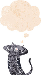 cartoon cat with thought bubble in grunge distressed retro textured style