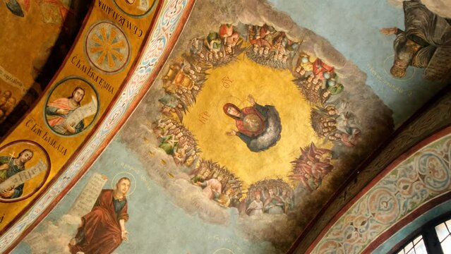 The frescoed vault and mosaic apse of Saint Sophia Cathedral, architectural monument of Kievan Rus', a world-famous Catholic church in Kyiv City, Ukraine. UNESCO World Heritage