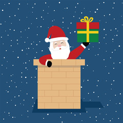 Happy Cute Santa Claus is getting into the chimney on snowy background. Flat vector illustration in cartoon style. Character for Christmas and Happy new year concept.