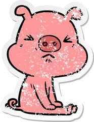 distressed sticker of a cartoon angry pig sat waiting