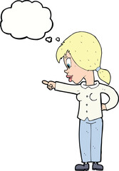cartoon enthusiastic woman pointing with thought bubble