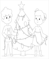 children with Christmas tree  colouring page for kids 