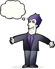 cartoon vampire man with open arms with thought bubble