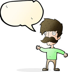 cartoon man with mustache waving with speech bubble