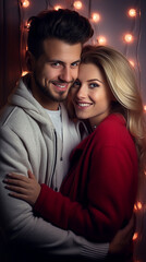 Fototapeta premium Smiling Couple Embracing in Warm Festive Lights at Valentine's day