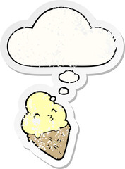 cartoon ice cream with thought bubble as a distressed worn sticker