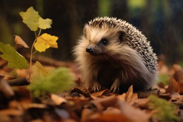 Fototapeta premium Hedgehog walks through the autumn forest. hedgehog in the grass. hedgehogs stand on brown dry leaves