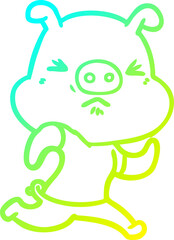 cold gradient line drawing of a cartoon angry pig wearing tee shirt