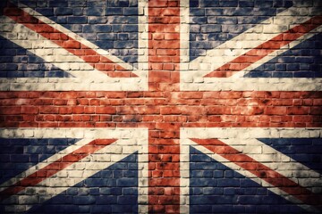 British Union flag on a brick wall with grunge old brick texture. national flag of great britain