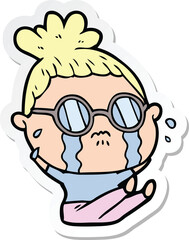 sticker of a cartoon crying woman wearing spectacles