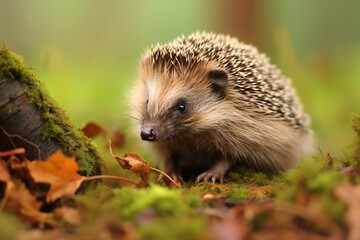 Fototapeta premium Hedgehog walks through the autumn forest. hedgehog in the grass. hedgehogs stand on brown dry leaves